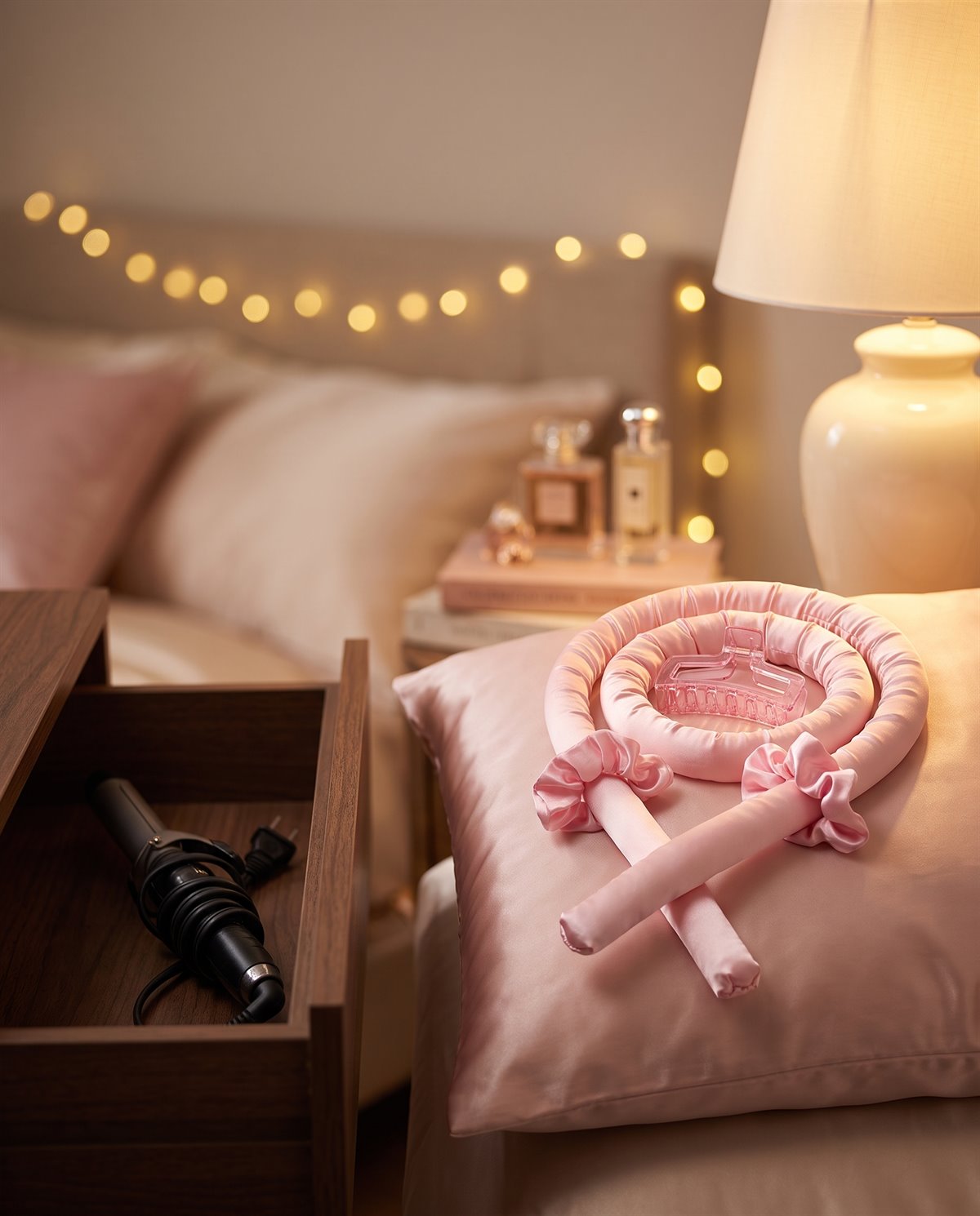 The kit on the pillow, the curling iron shut away in the drawer